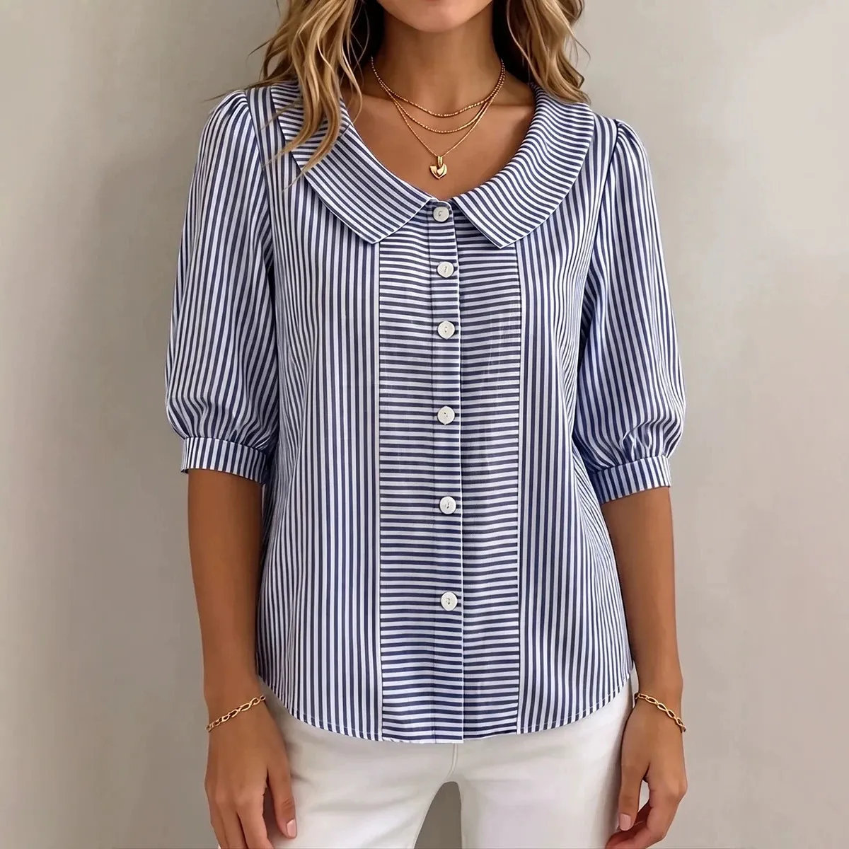 Women’s Peter Pan Collar Striped Button-Up Blouse with Puff Sleeves