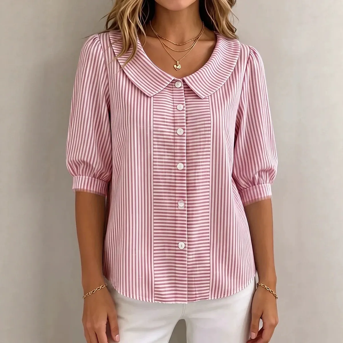 Women’s Peter Pan Collar Striped Button-Up Blouse with Puff Sleeves