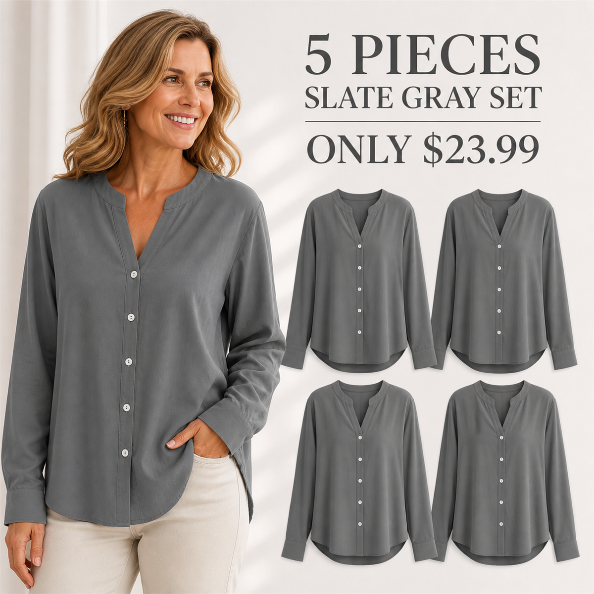 Women's Relaxed V-Neck Button-Front Long-Sleeve Top - 5-Piece Slate Gray Set - $23.99