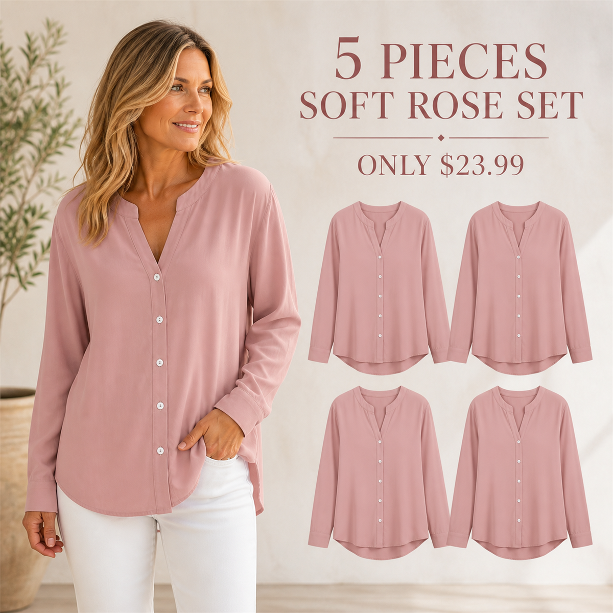 Women's Relaxed V-Neck Button-Front Long-Sleeve Top - 5-Piece Soft Rose Set - $23.99