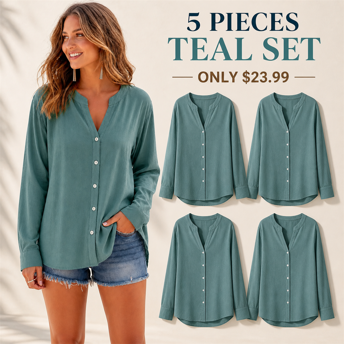 Women's Relaxed V-Neck Button-Front Long-Sleeve Top - 5-Piece Teal Set - $23.99