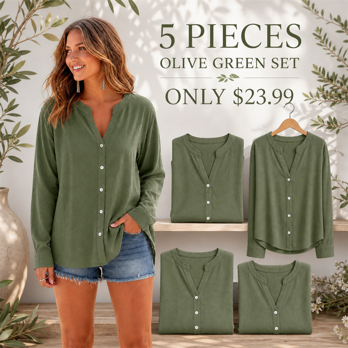 Women's Relaxed V-Neck Button-Front Long-Sleeve Top - 5-Piece Olive Green Set - $23.99