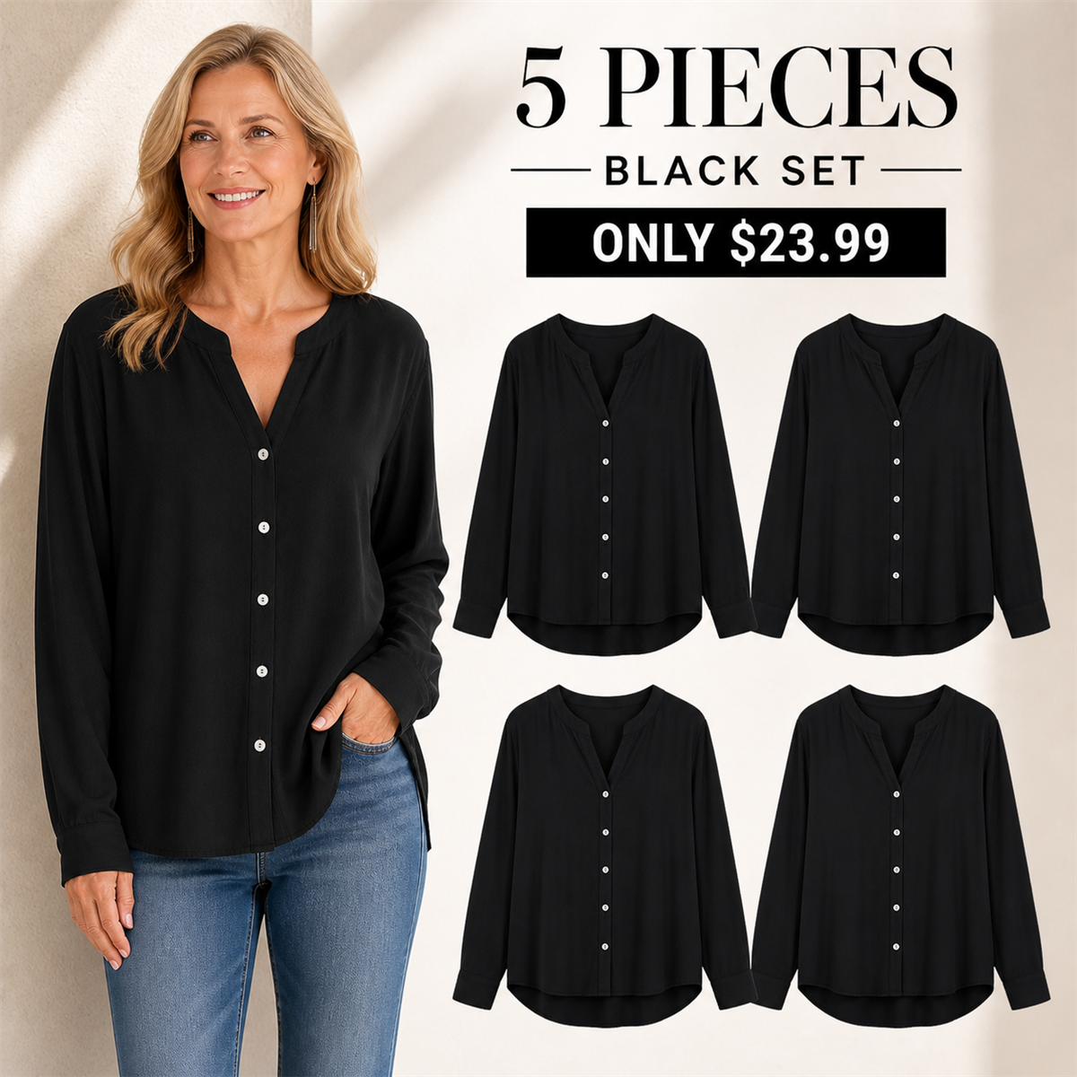 Women's Relaxed V-Neck Button-Front Long-Sleeve Top - 5-Piece Black Set - $23.99