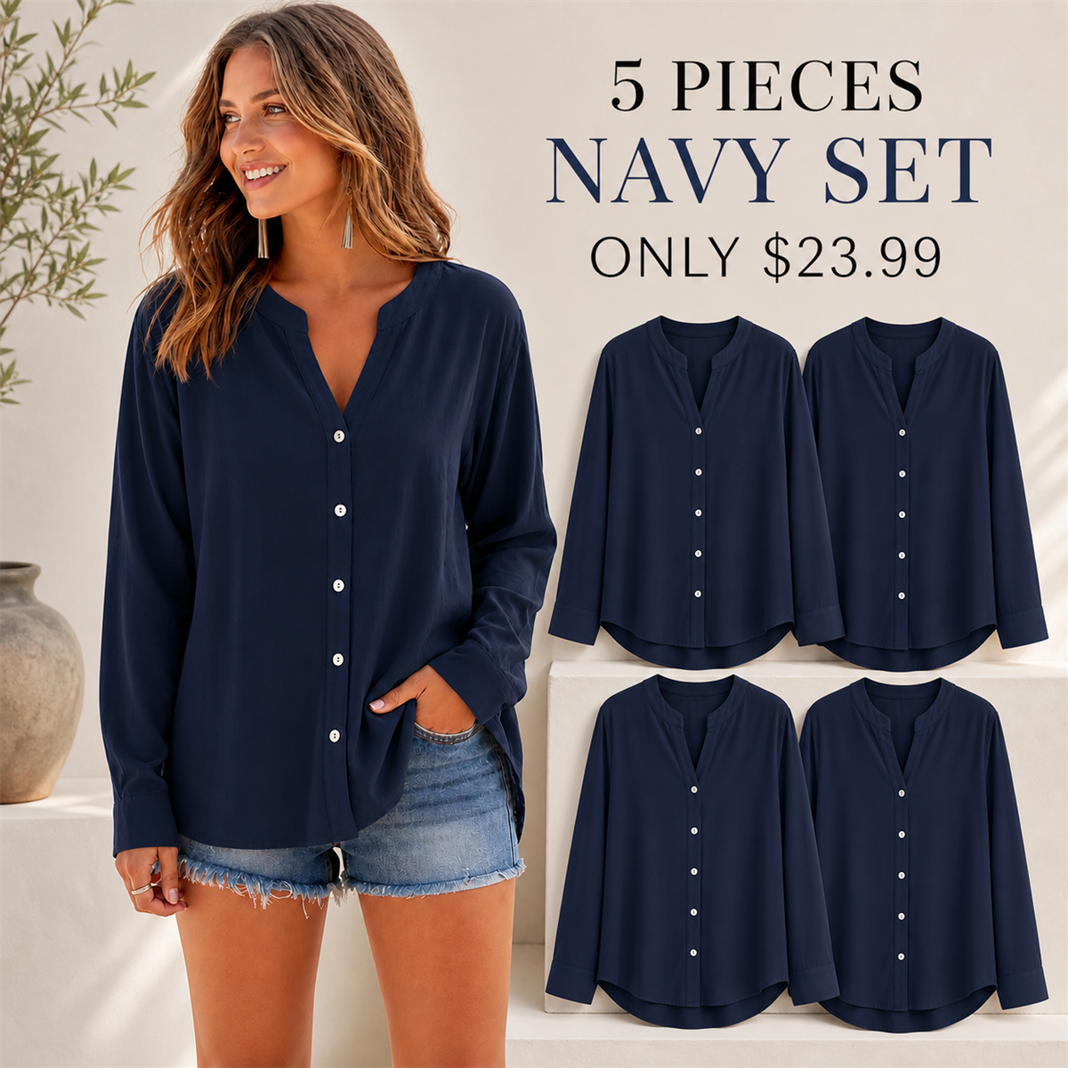 Women's Relaxed V-Neck Button-Front Long-Sleeve Top - 5-Piece Navy Set - $23.99