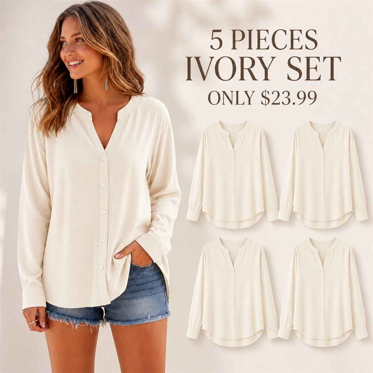 Women's Relaxed V-Neck Button-Front Long-Sleeve Top - 5-Piece Ivory Set - $23.99