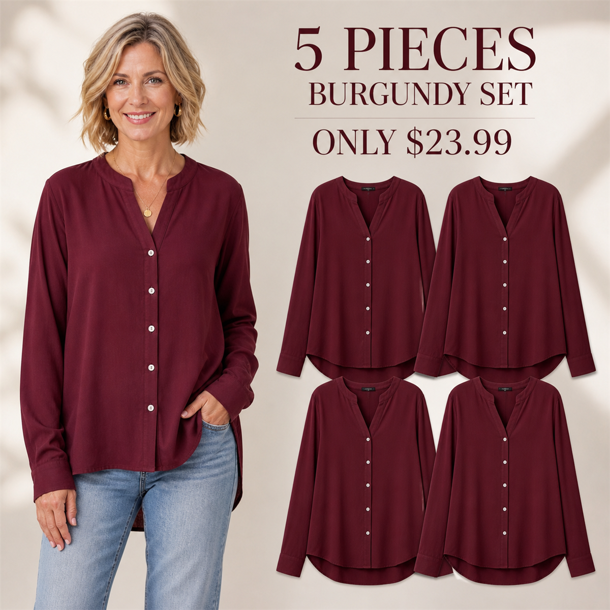 Women's Relaxed V-Neck Button-Front Long-Sleeve Top - 5-Piece Burgundy Set - $23.99