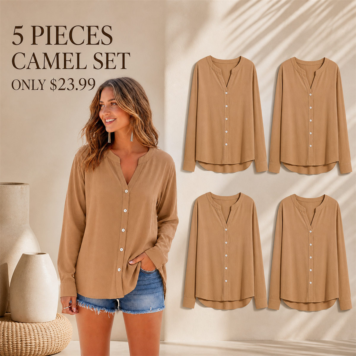 Women's Relaxed V-Neck Button-Front Long-Sleeve Top - 5-Piece Camel Set - $23.99