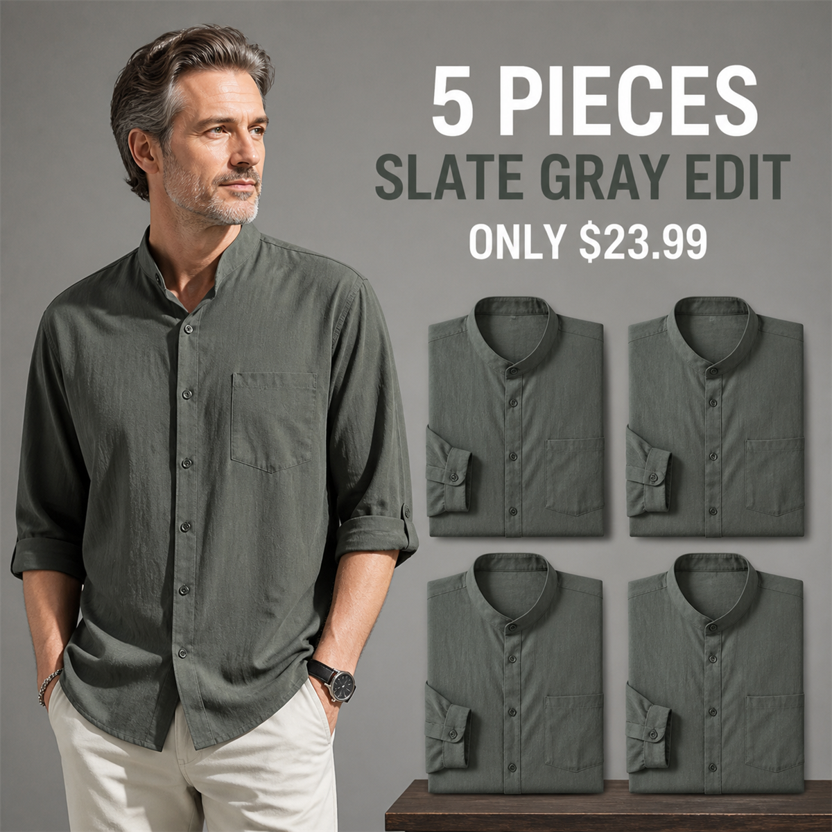 Men's Relaxed Mandarin-Collar Three-Quarter-Sleeve Button-Front Shirt - 5-Piece Slate Gray Set - $23.99