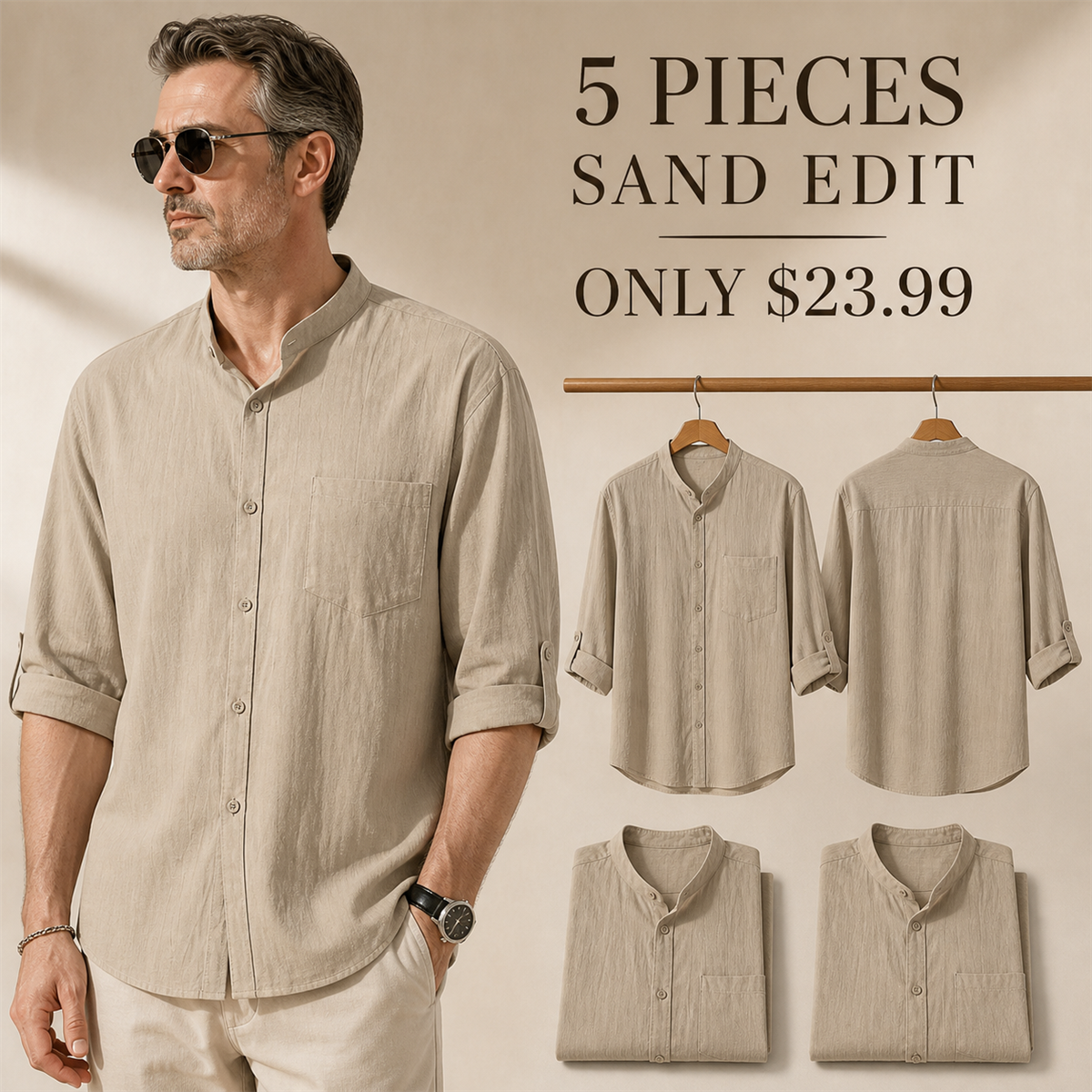 Men's Relaxed Mandarin-Collar Three-Quarter-Sleeve Button-Front Shirt - 5-Piece Sand Set - $23.99