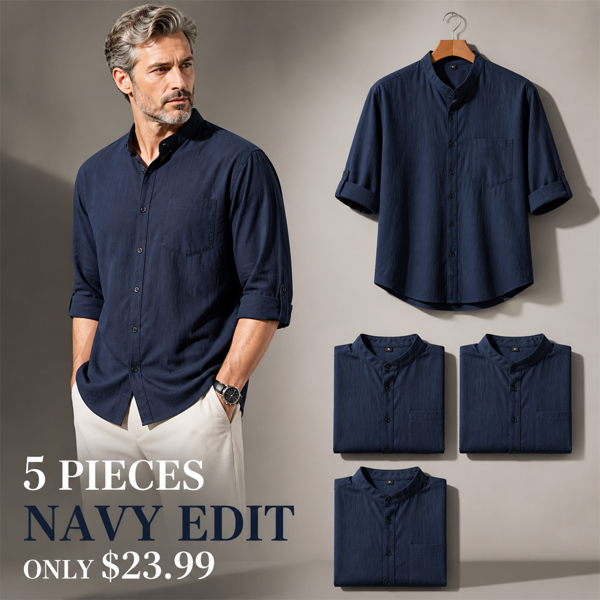Men's Relaxed Mandarin-Collar Three-Quarter-Sleeve Button-Front Shirt - 5-Piece Navy Set - $23.99