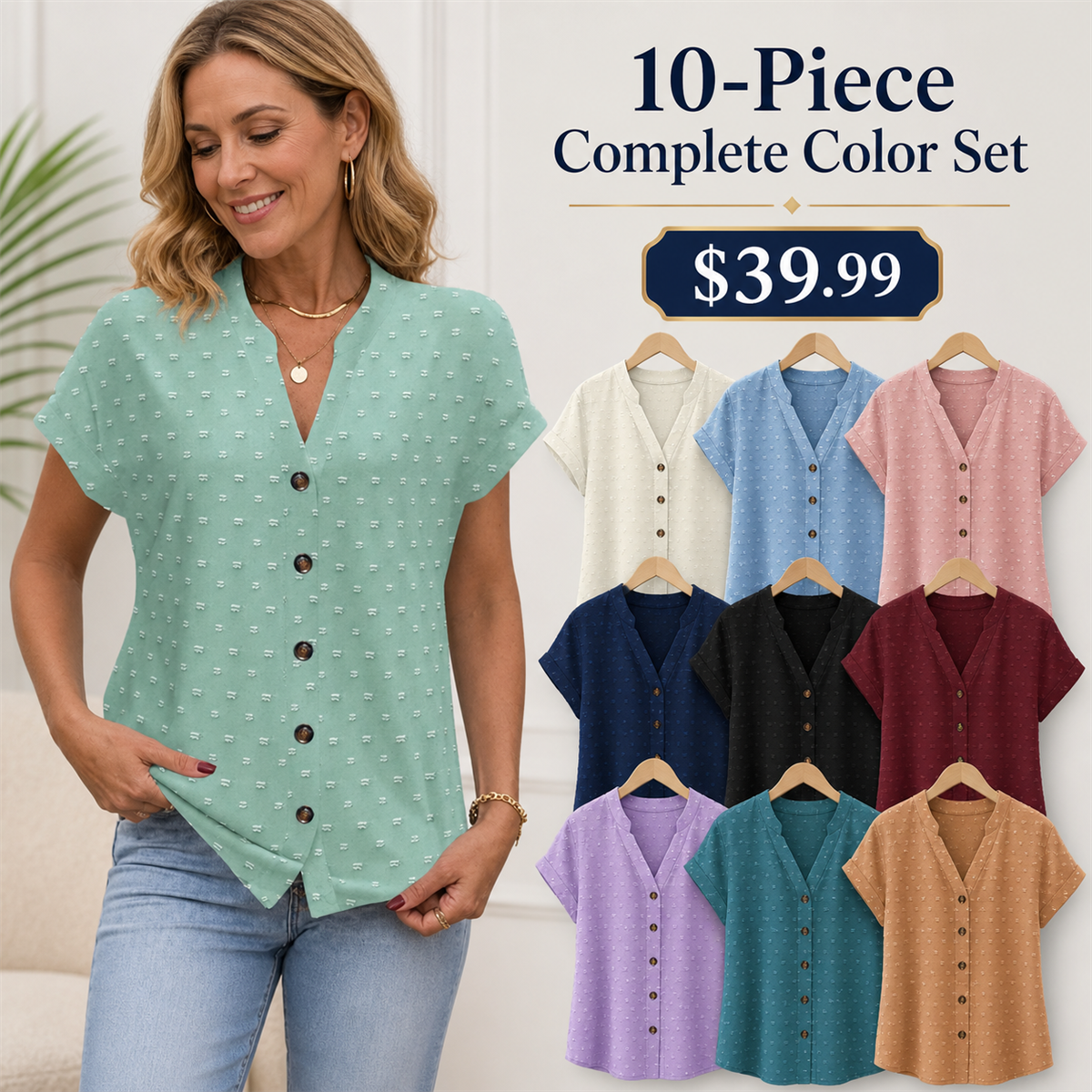 Women's Relaxed Swiss-Dot V-Neck Short-Sleeve Button-Front Blouse - 10-Piece Complete Color Collection - $39.99