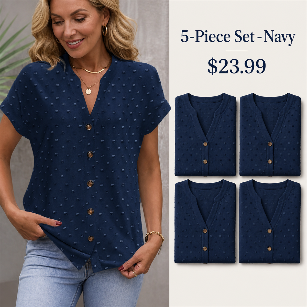 Women's Relaxed Swiss-Dot V-Neck Short-Sleeve Button-Front Blouse - 5-Piece Navy Set - $23.99