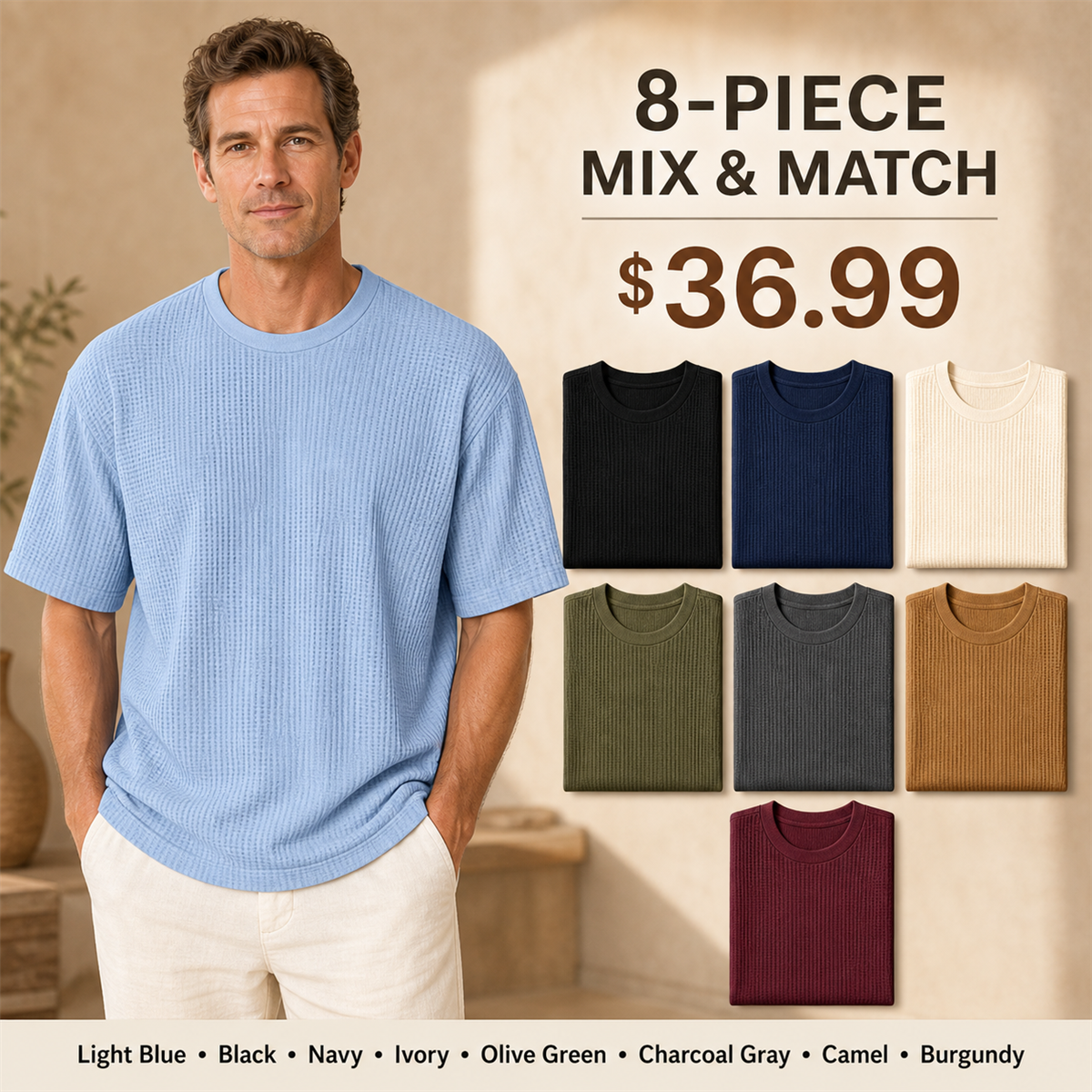 Men's Relaxed Textured Crewneck Short-Sleeve T-Shirt - 8-Piece Complete Color Collection - $36.99