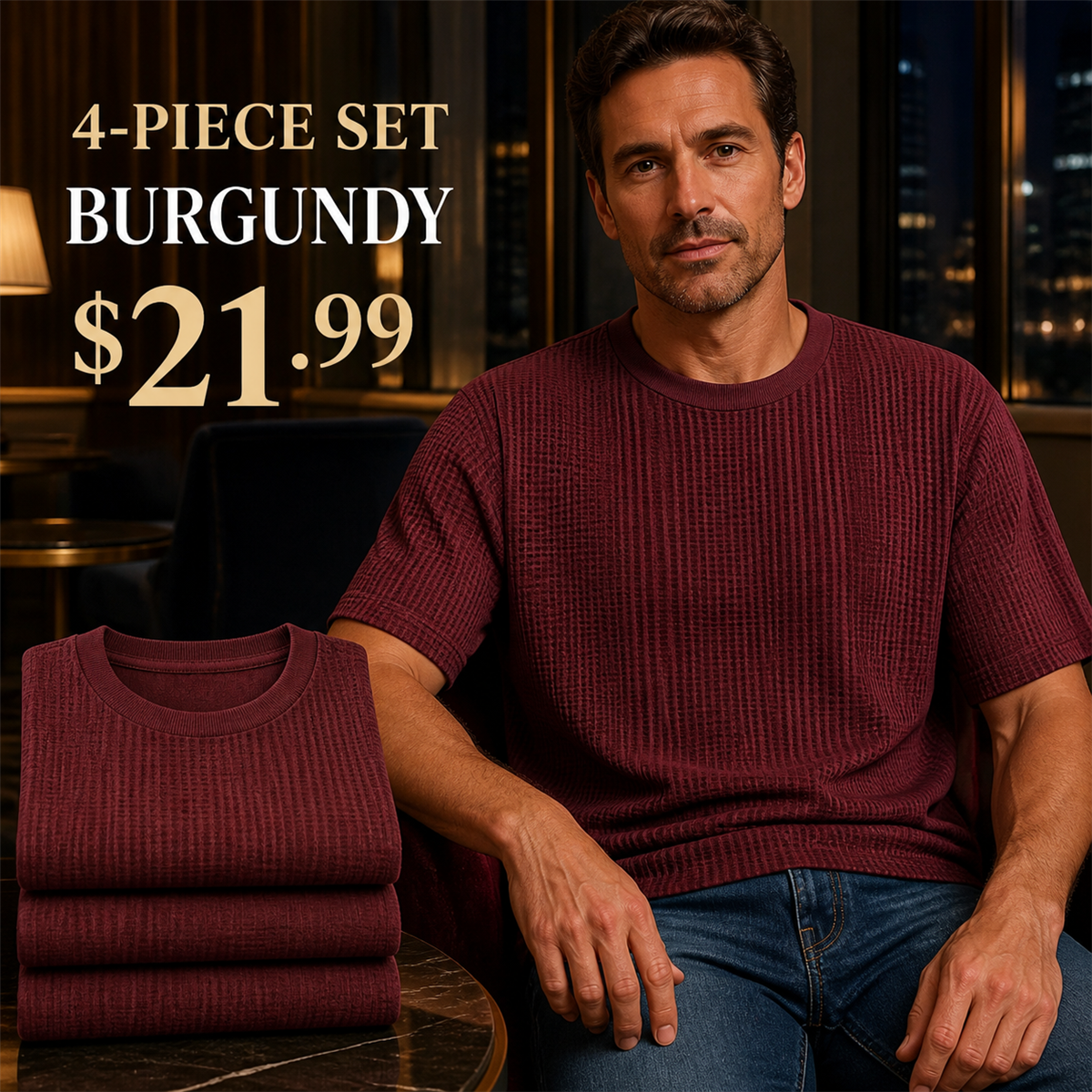 Men's Relaxed Textured Crewneck Short-Sleeve T-Shirt - 4-Piece Burgundy Set - $21.99