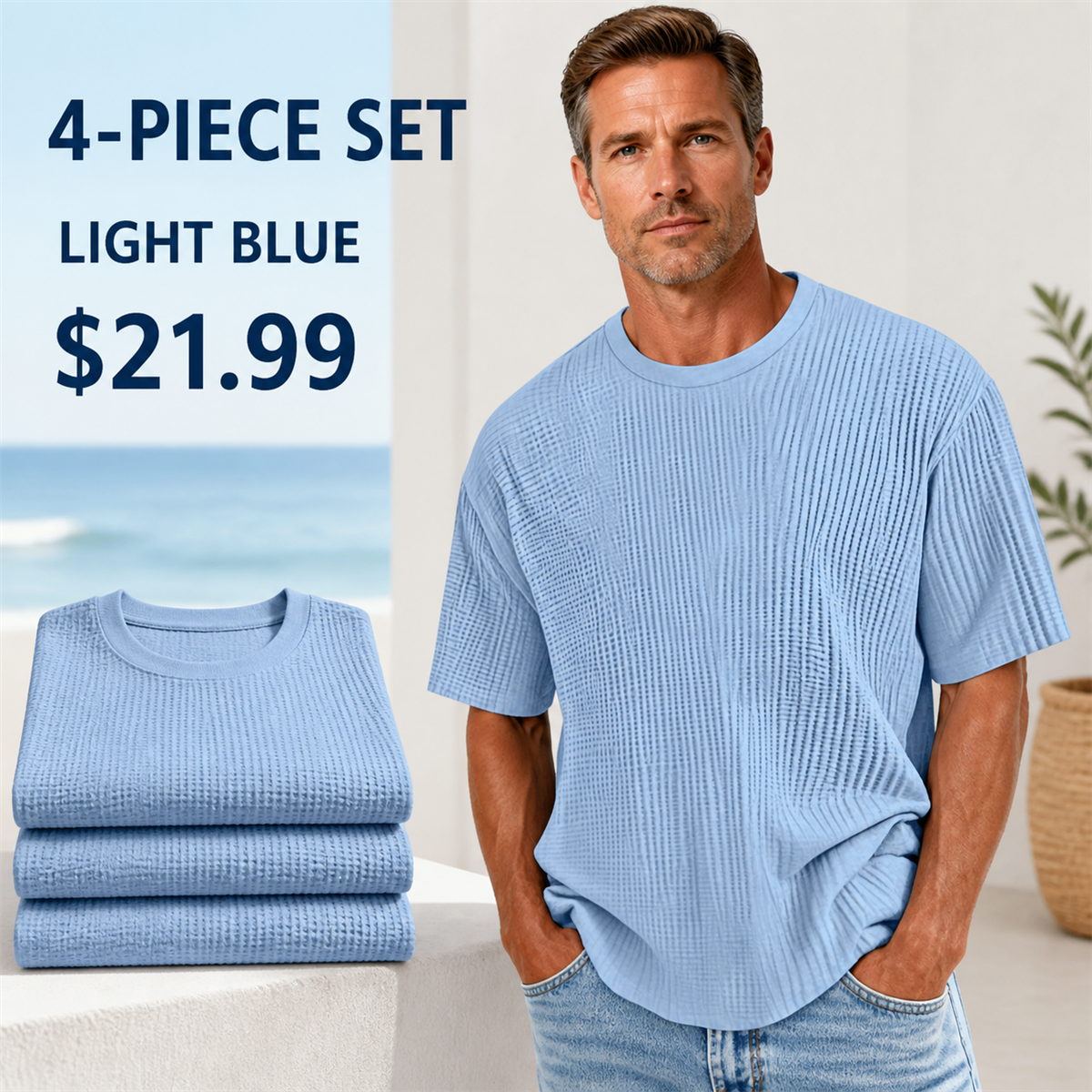 Men's Relaxed Textured Crewneck Short-Sleeve T-Shirt - 4-Piece Light Blue Set - $21.99