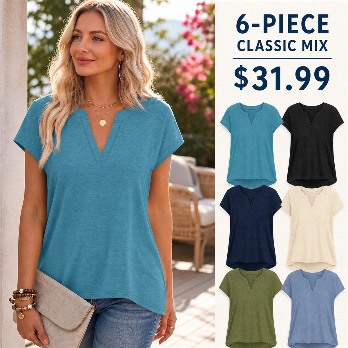Women's Relaxed Notch-Neck Short-Sleeve Curved-Hem Top - 6-Piece Classic Color Set - $31.99