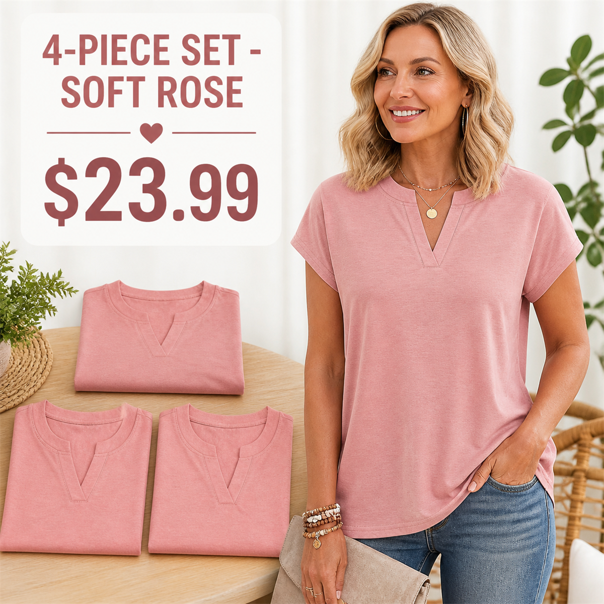 Women's Relaxed Notch-Neck Short-Sleeve Curved-Hem Top - 4-Piece Soft Rose Set - $23.99