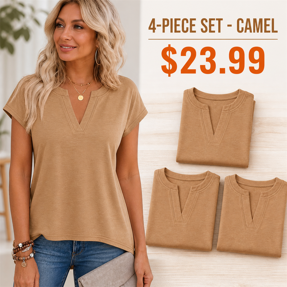 Women's Relaxed Notch-Neck Short-Sleeve Curved-Hem Top - 4-Piece Camel Set - $23.99