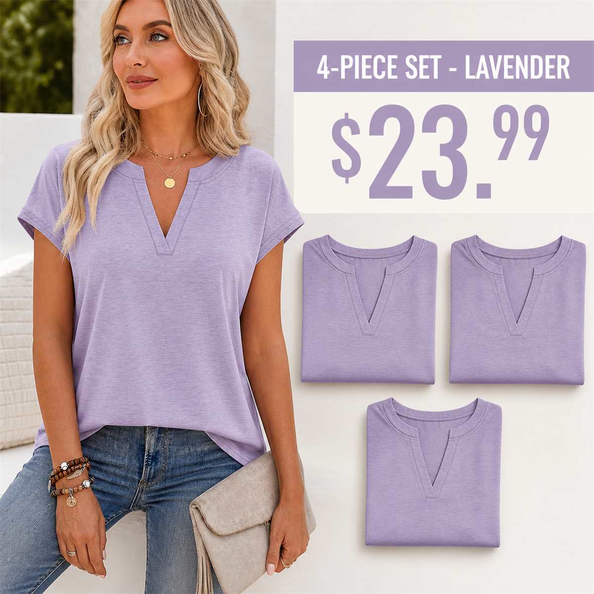 Women's Relaxed Notch-Neck Short-Sleeve Curved-Hem Top - 4-Piece Lavender Set - $23.99