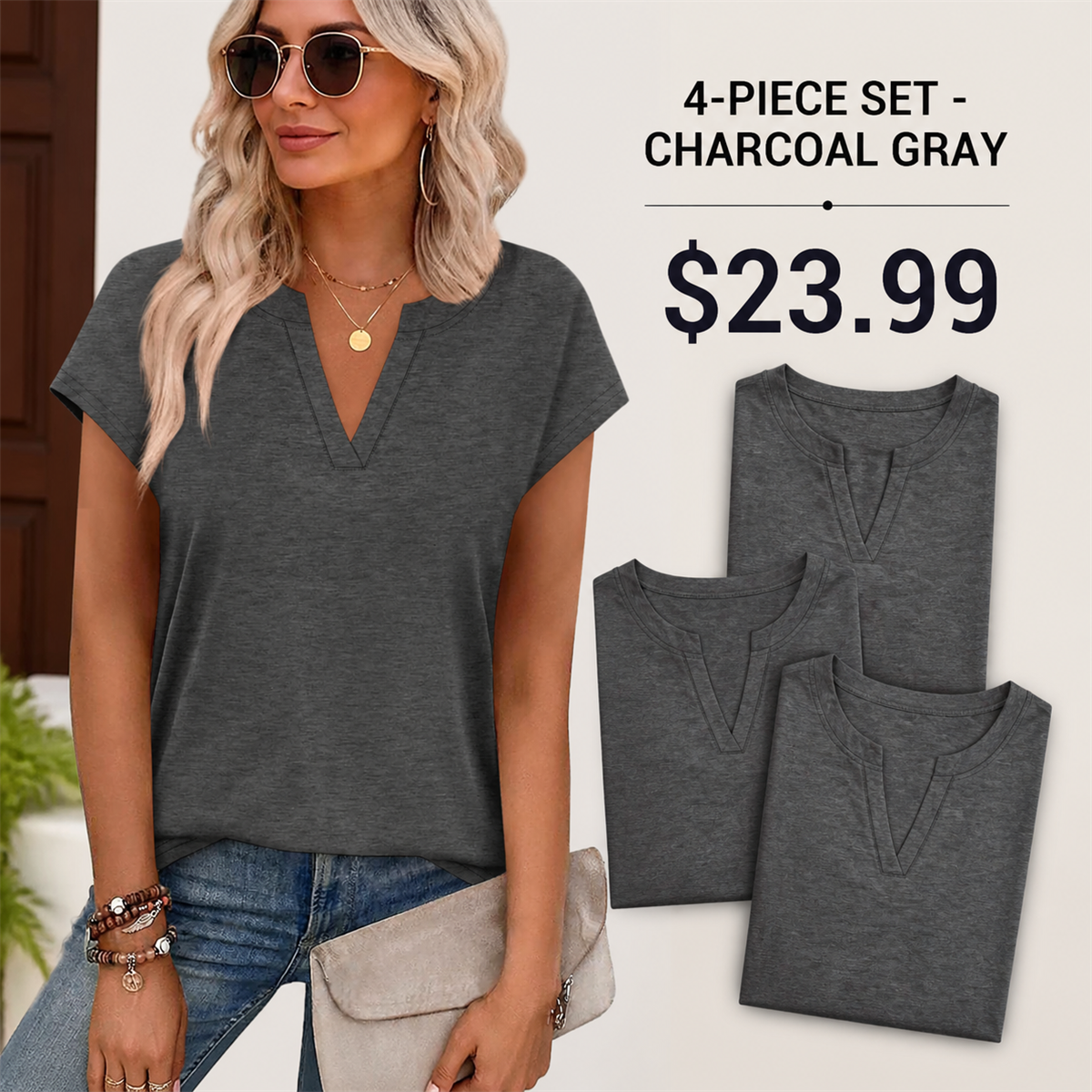 Women's Relaxed Notch-Neck Short-Sleeve Curved-Hem Top - 4-Piece Charcoal Gray Set - $23.99