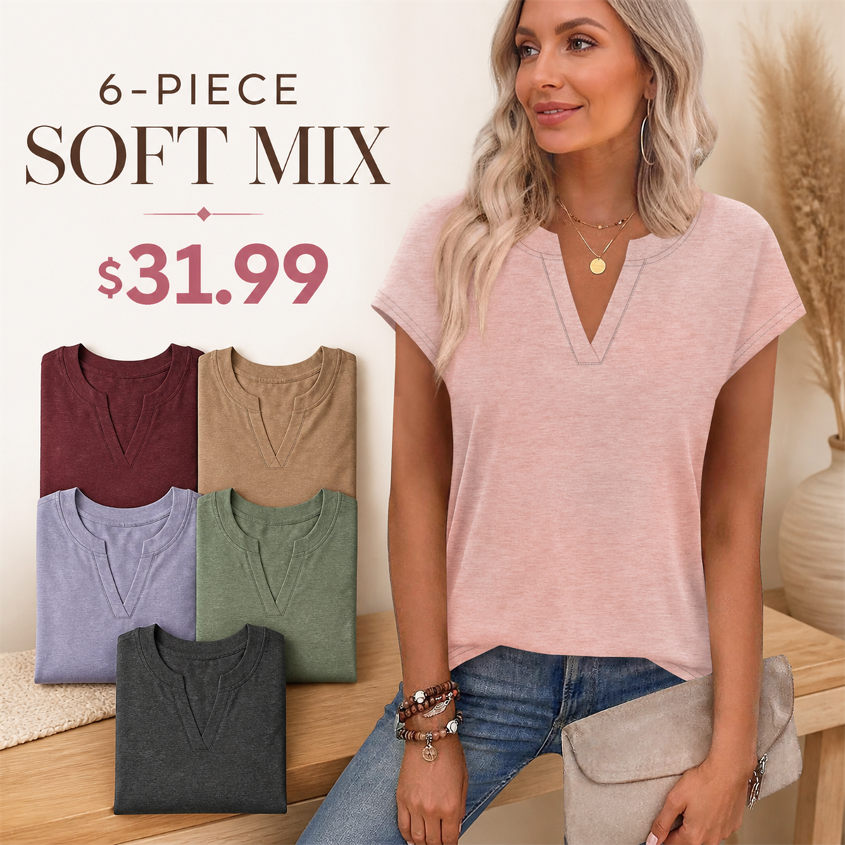 Women's Relaxed Notch-Neck Short-Sleeve Curved-Hem Top - 6-Piece Soft Color Set - $31.99