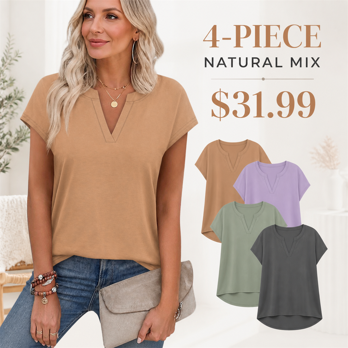 Women's Relaxed Notch-Neck Short-Sleeve Curved-Hem Top - 4-Piece Everyday Color Set - $31.99