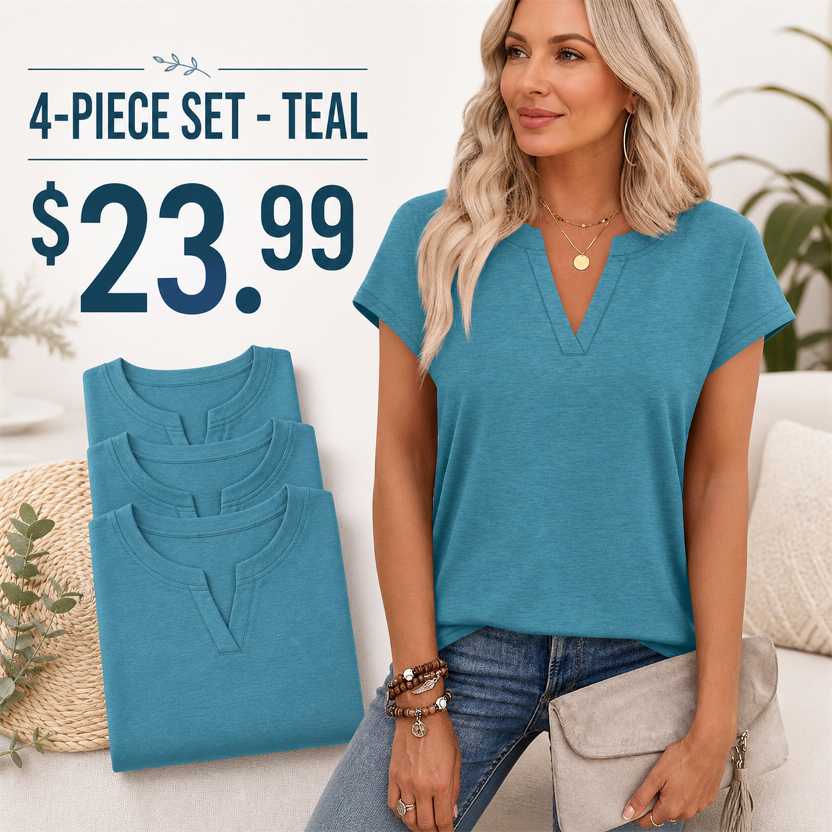 Women's Relaxed Notch-Neck Short-Sleeve Curved-Hem Top - 4-Piece Teal Set - $23.99