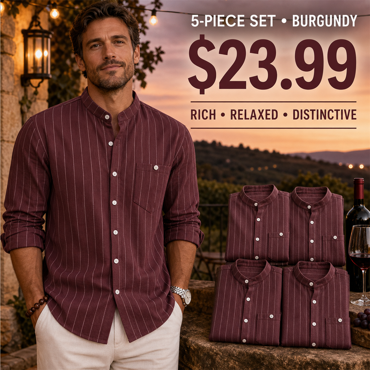 Men's Relaxed Striped Band-Collar Long-Sleeve Button-Front Shirt - 5-Piece Burgundy Set - $23.99