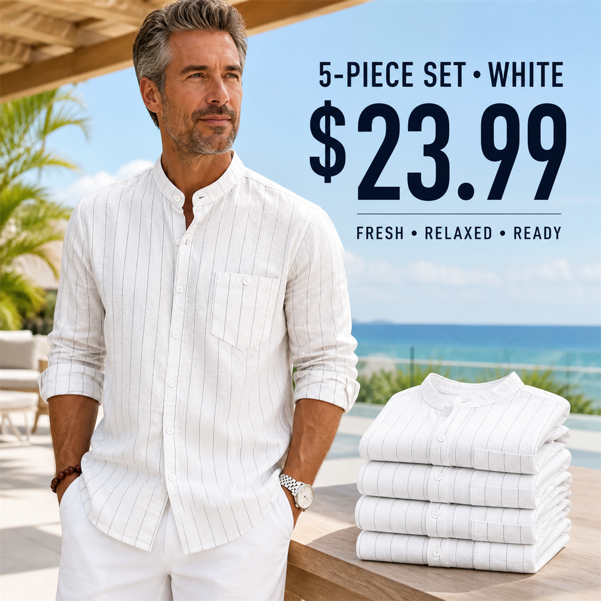 Men's Relaxed Striped Band-Collar Long-Sleeve Button-Front Shirt - 5-Piece White Set - $23.99