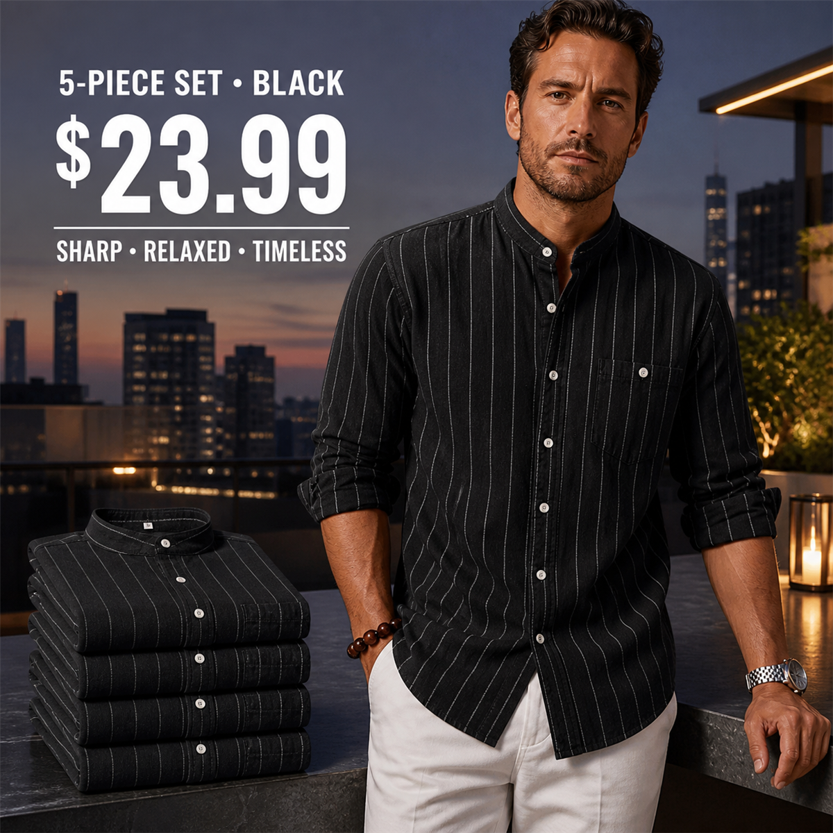 Men's Relaxed Striped Band-Collar Long-Sleeve Button-Front Shirt - 5-Piece Black Set - $23.99