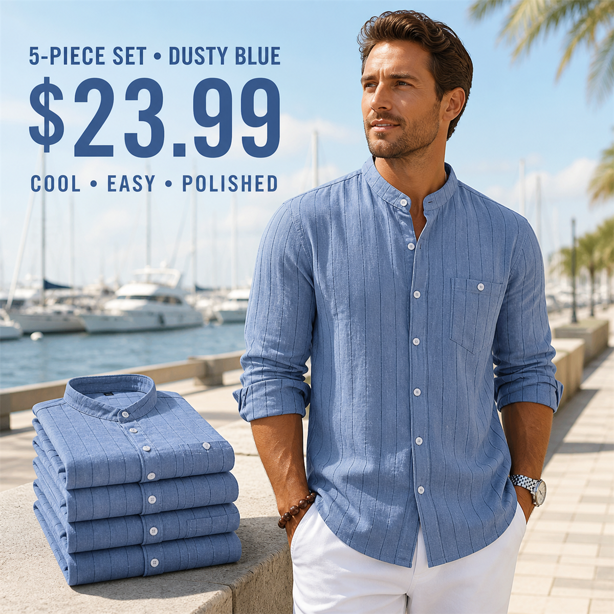 Men's Relaxed Striped Band-Collar Long-Sleeve Button-Front Shirt - 5-Piece Dusty Blue Set - $23.99