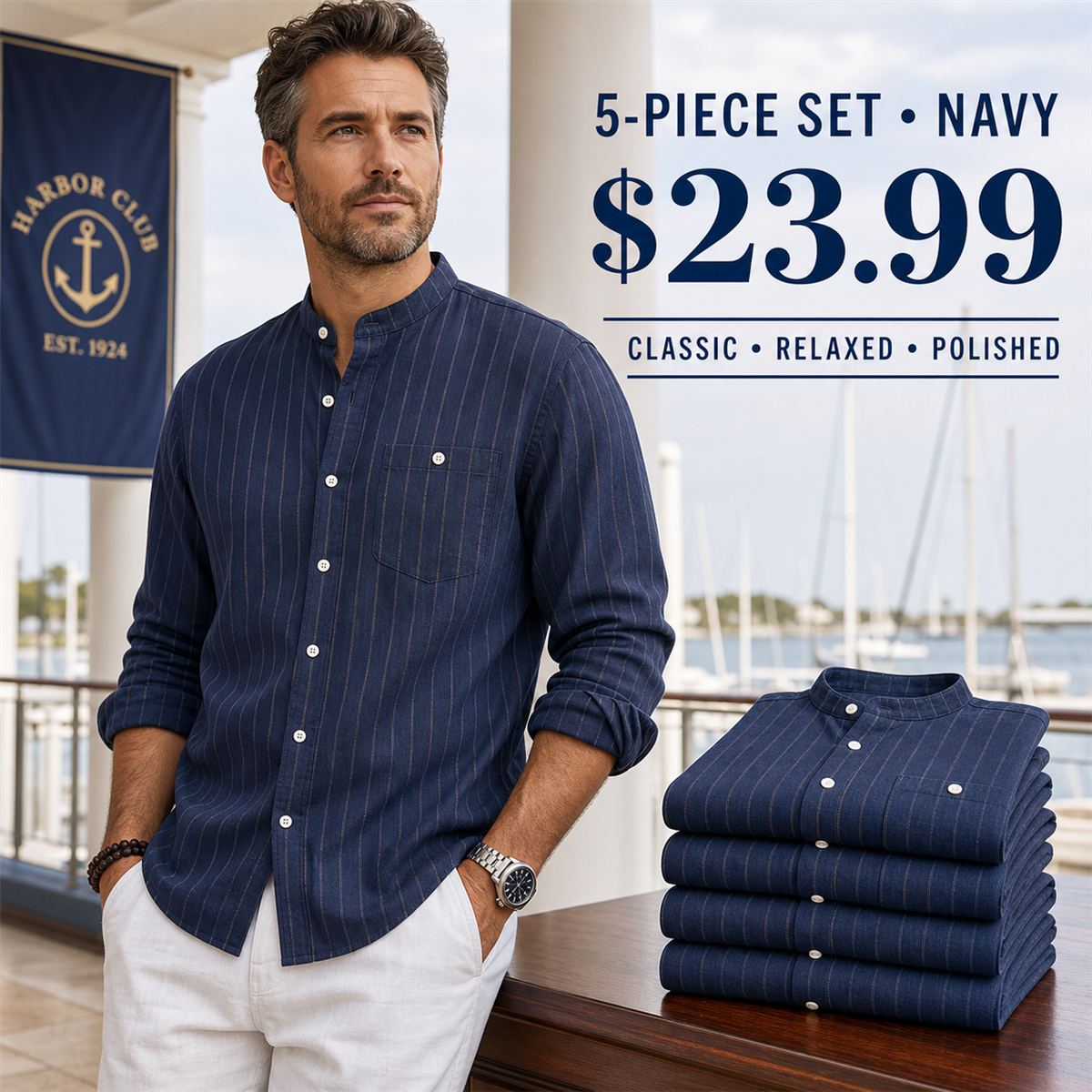 Men's Relaxed Striped Band-Collar Long-Sleeve Button-Front Shirt - 5-Piece Navy Set - $23.99