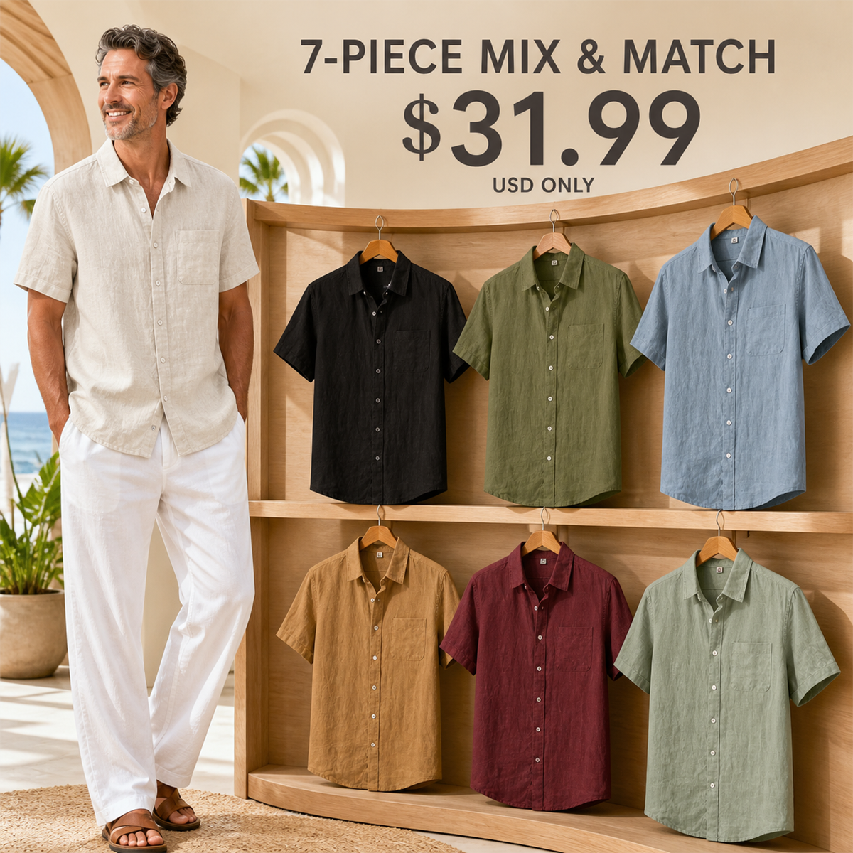 Men's Relaxed Linen-Look Short-Sleeve Button-Front Shirt - 7-Piece Classic Color Set - $31.99