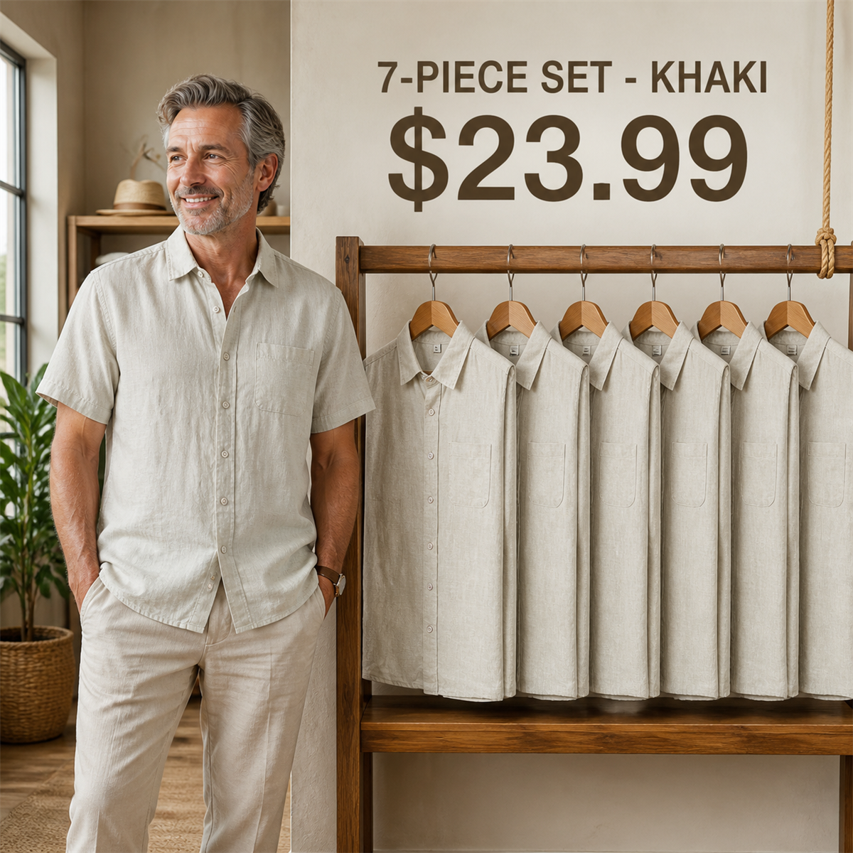 Men's Relaxed Linen-Look Short-Sleeve Button-Front Shirt - 7-Piece Khaki Set - $23.99