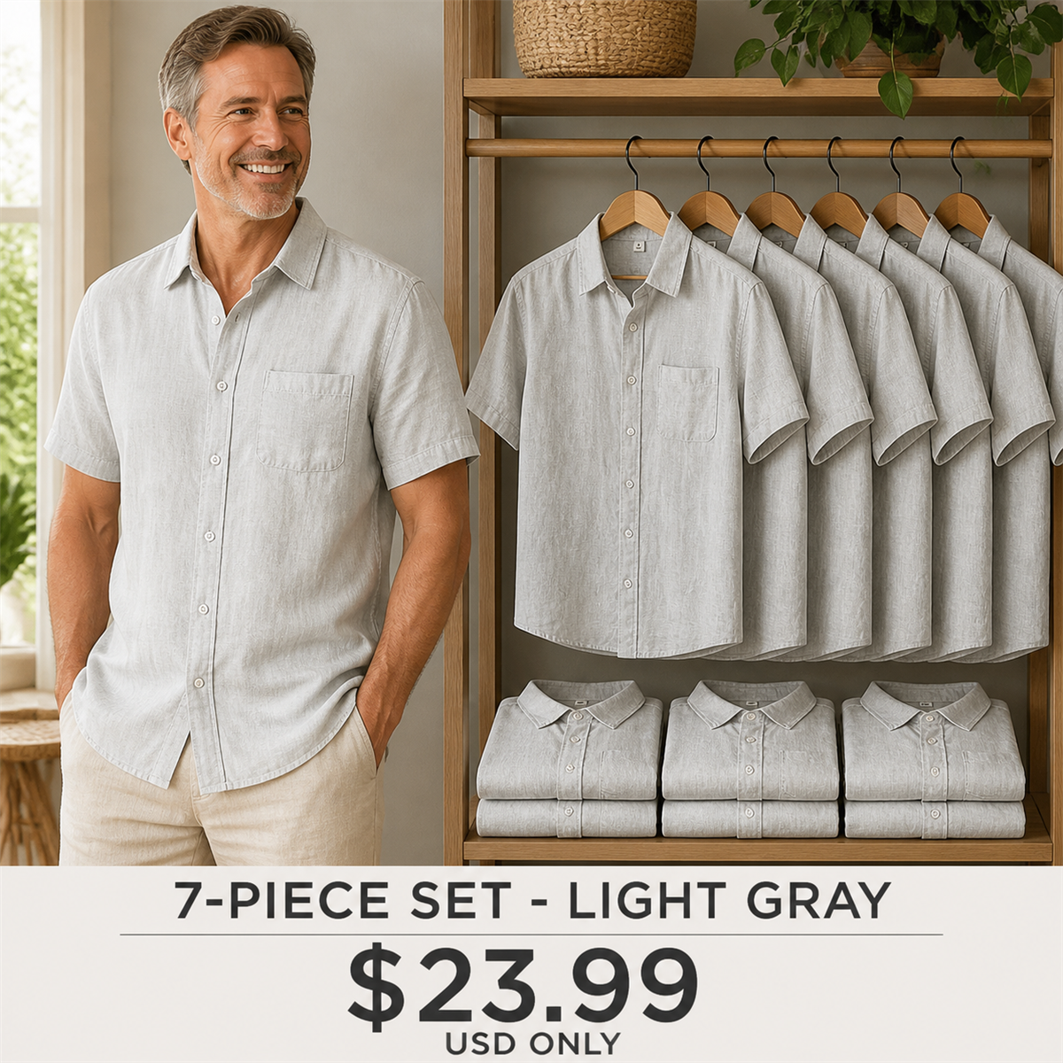Men's Relaxed Linen-Look Short-Sleeve Button-Front Shirt - 7-Piece Light Gray Set - $23.99