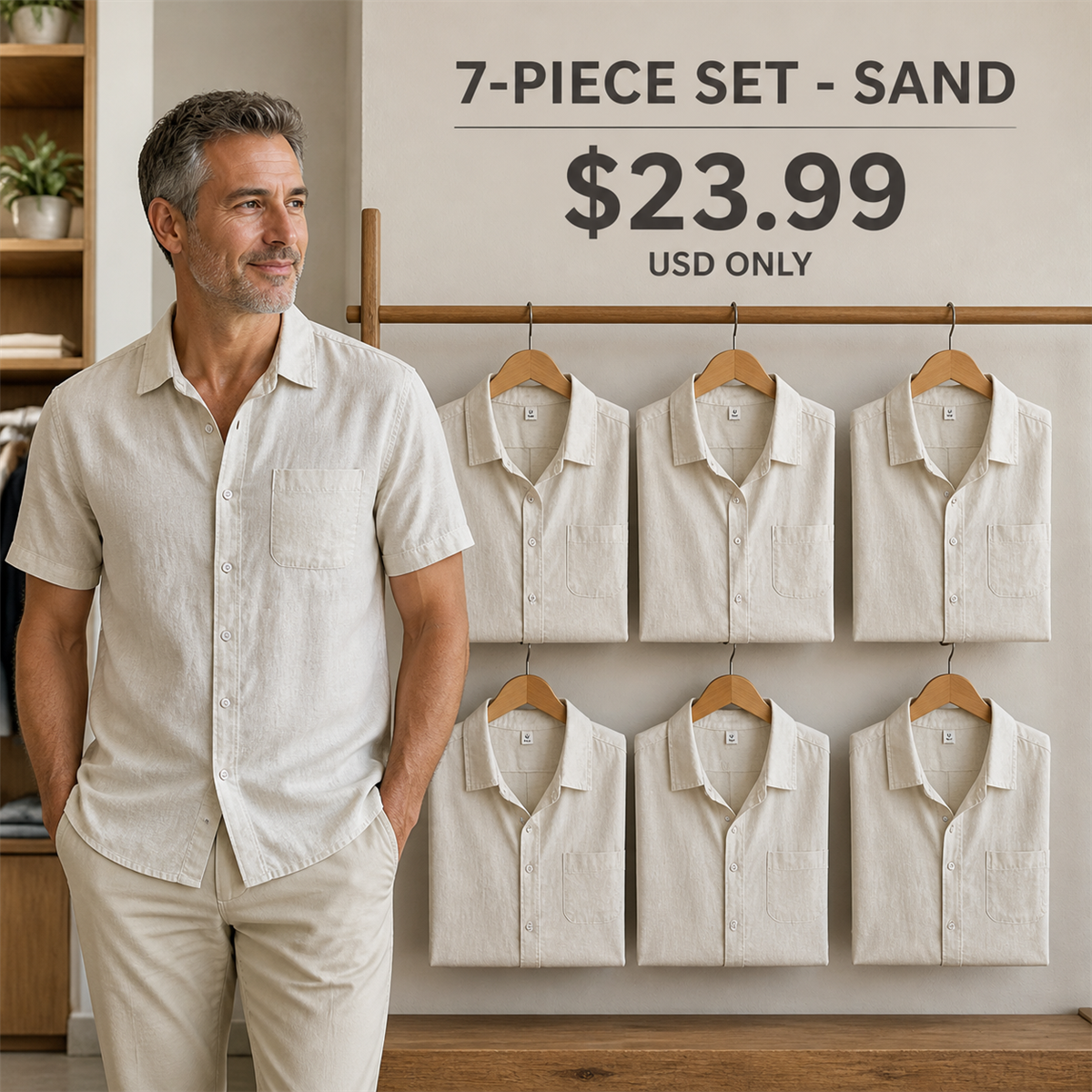 Men's Relaxed Linen-Look Short-Sleeve Button-Front Shirt - 7-Piece Sand Set - $23.99