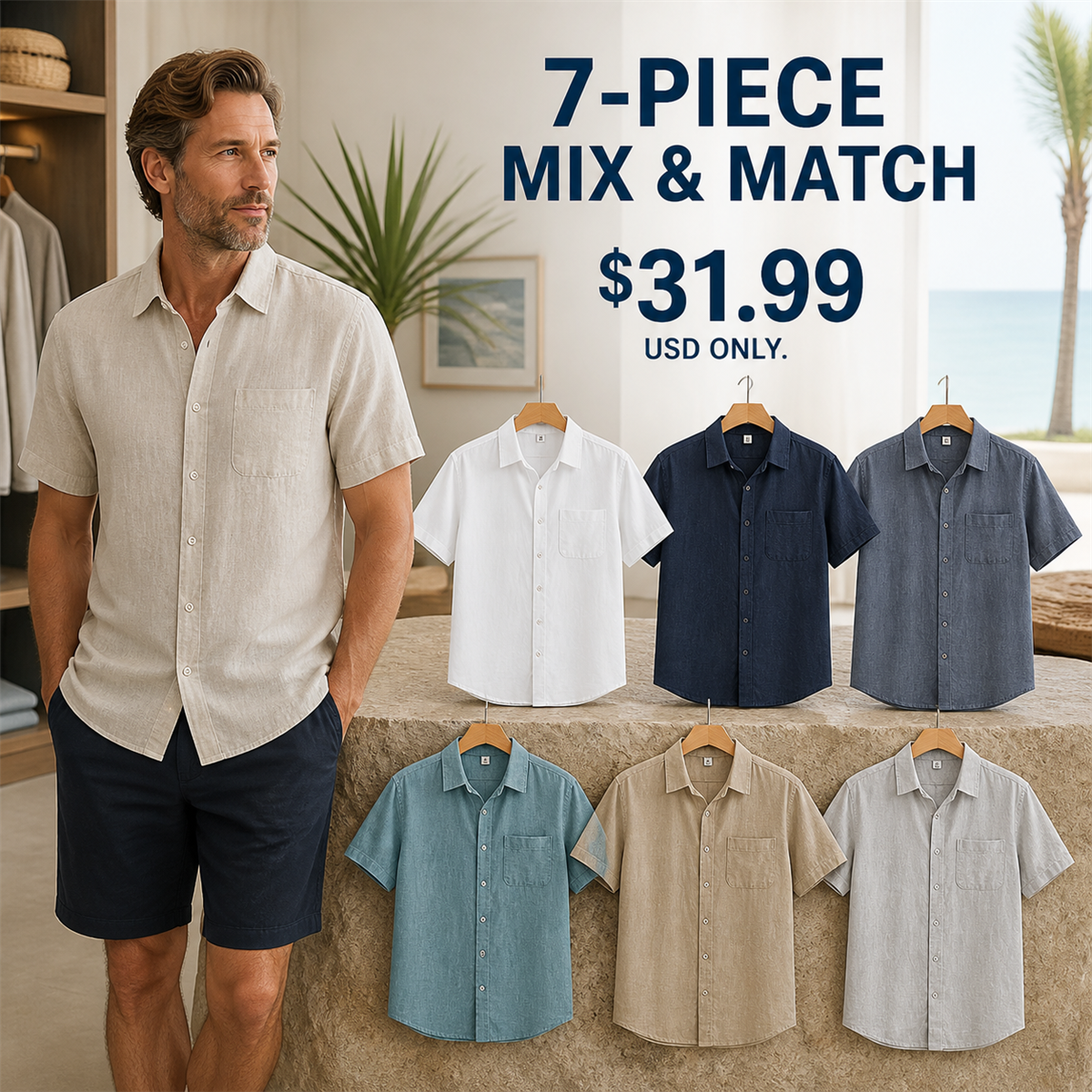 Men's Relaxed Linen-Look Short-Sleeve Button-Front Shirt - 7-Piece Soft Color Set - $31.99