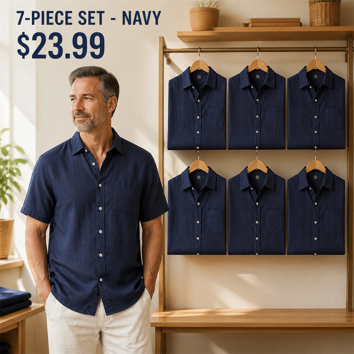 Men's Relaxed Linen-Look Short-Sleeve Button-Front Shirt - 7-Piece Navy Set - $23.99