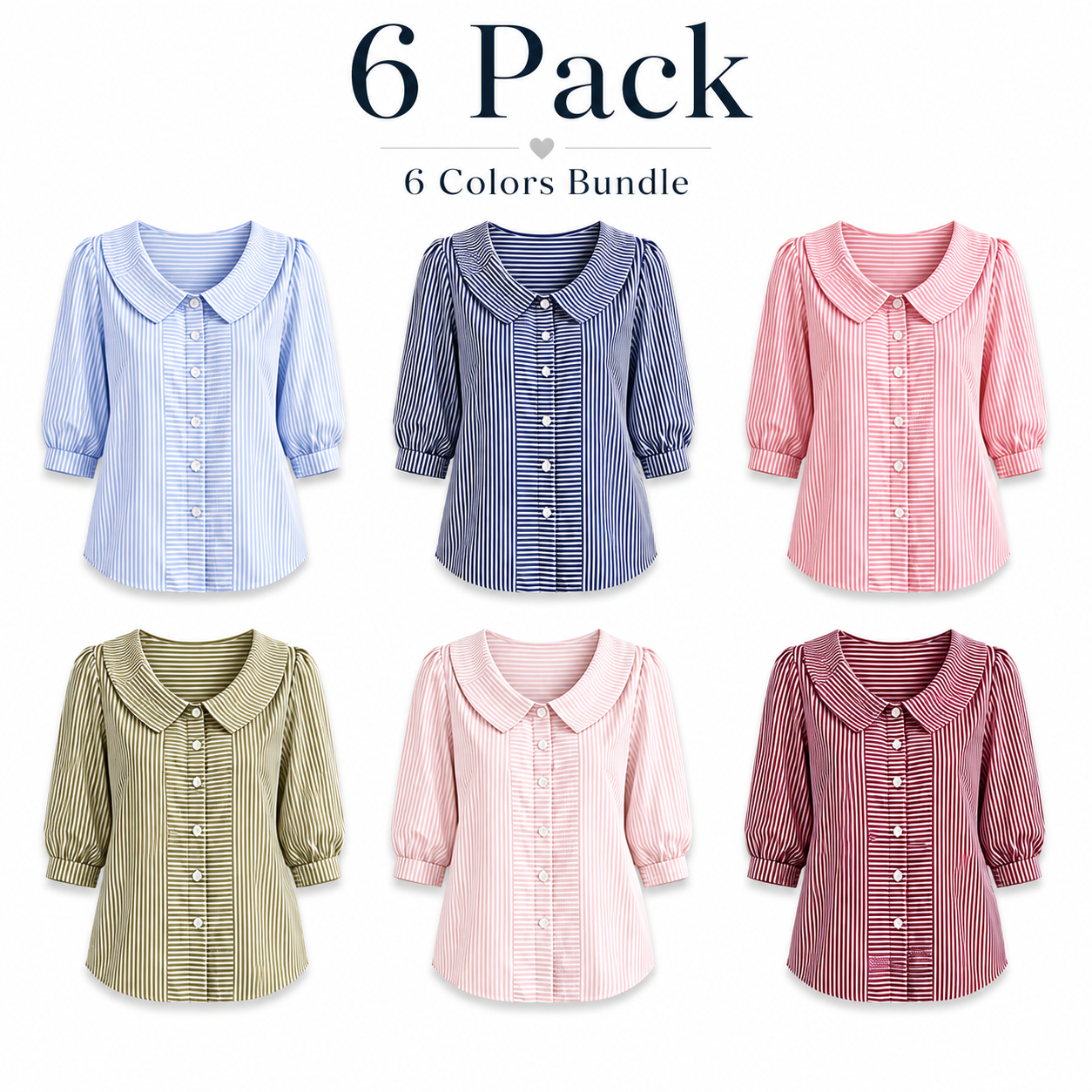Women’s Peter Pan Collar Striped Button-Up Blouse with Puff Sleeves