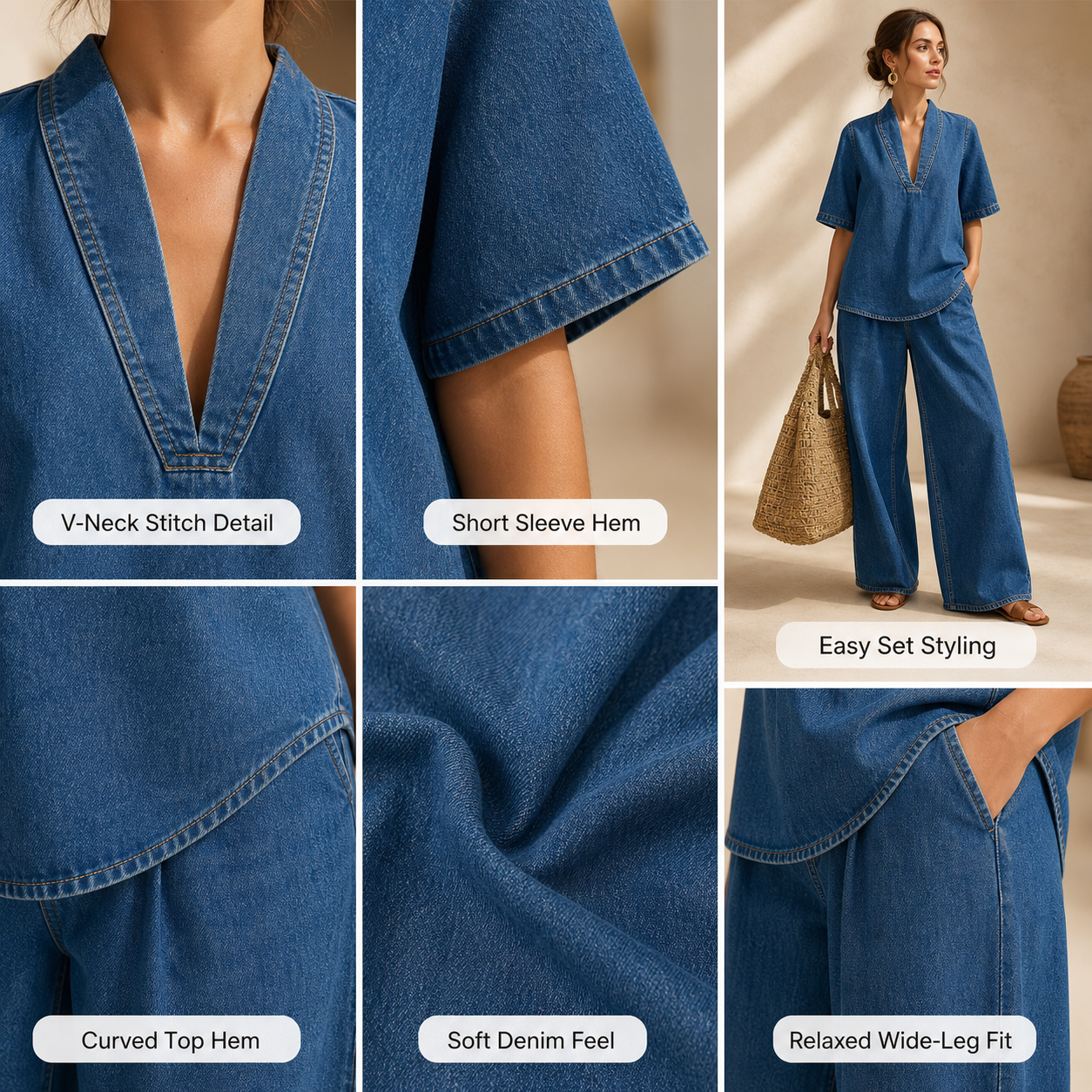 V-neck stitch soft denim wide-leg pants detail collage