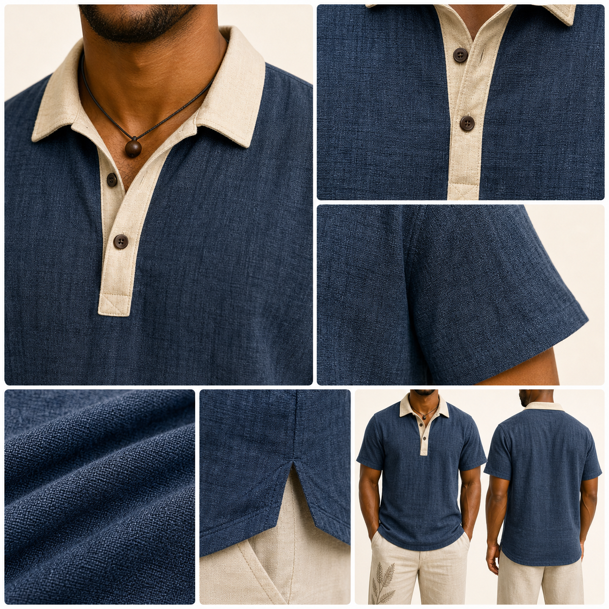 Contrast collar polo fabric and placket detail collage