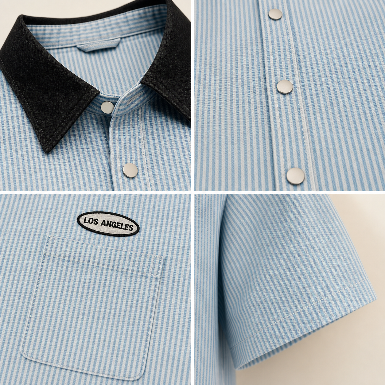 Contrast collar buttons chest pocket stripe fabric and sleeve details