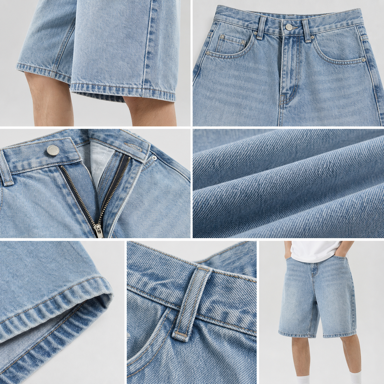 Wide leg denim hem pocket zipper detail collage