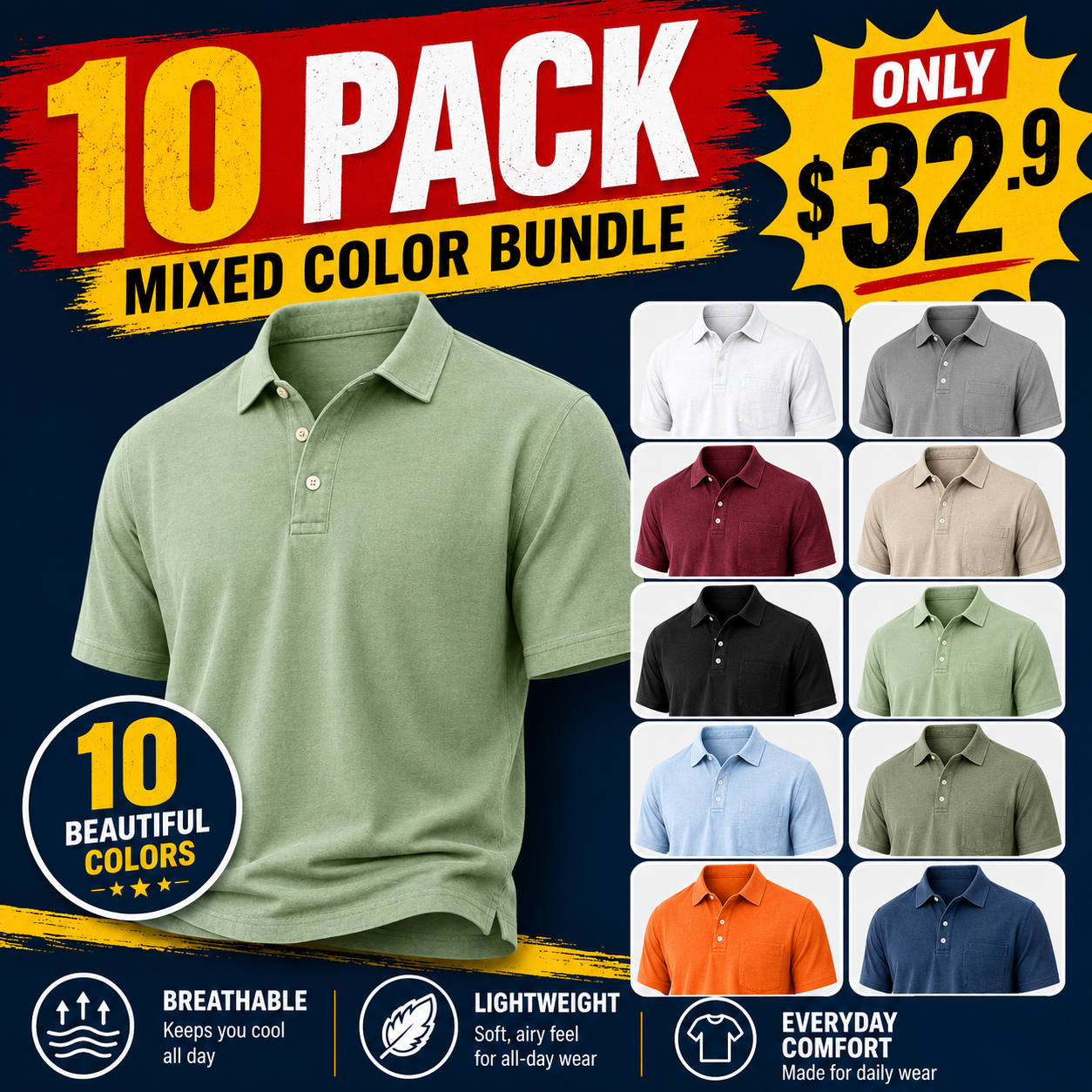⏰Seasonal Clearance Sale🔥10-PackOnly $32.9   Men’s Lightweight Textured Polo Shirt – Short Sleeve Smart-Casual Top