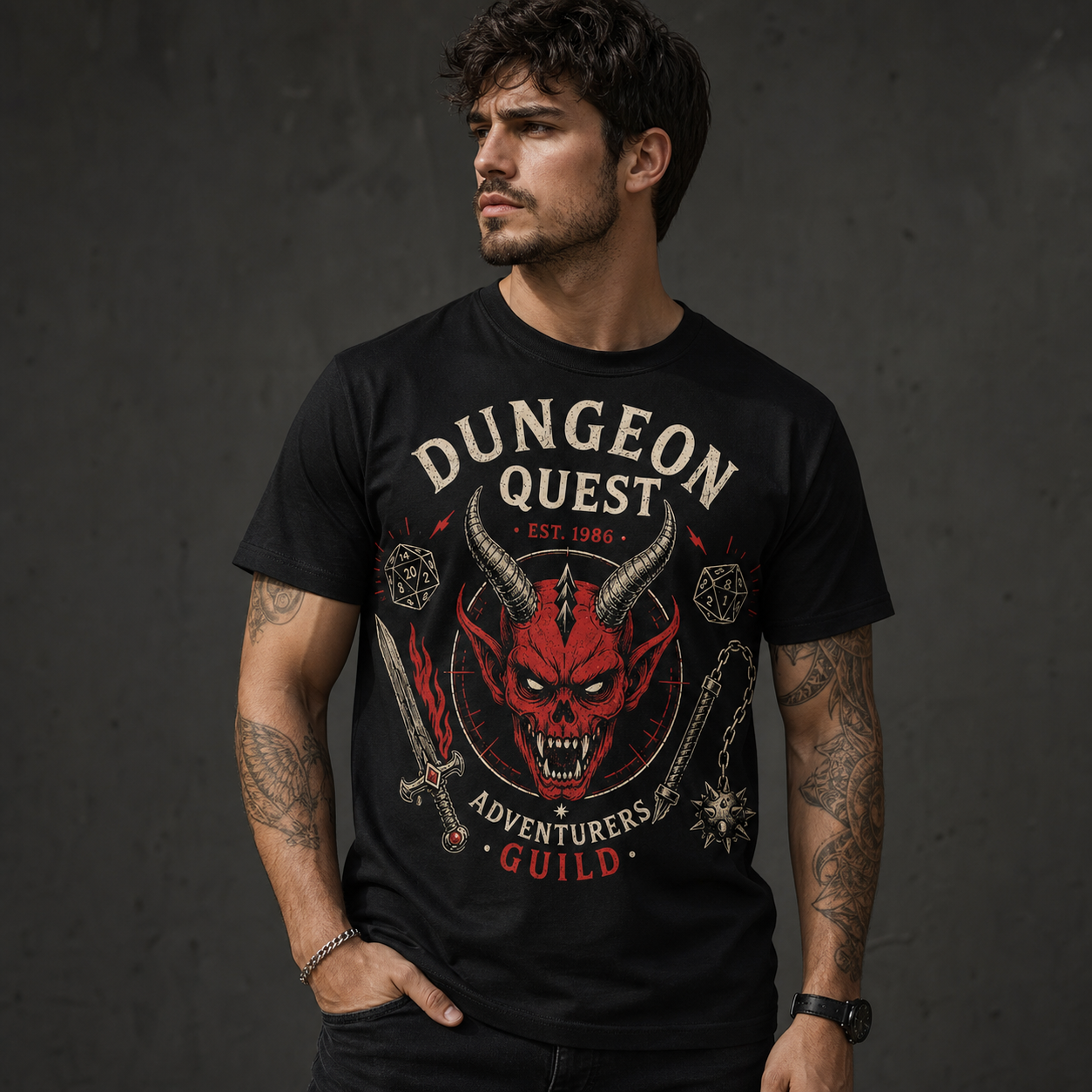 Men's dungeon quest graphic tee model