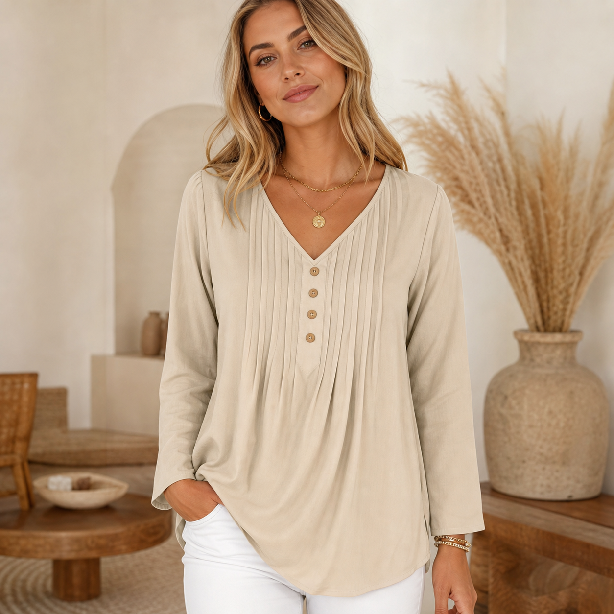 Beige women's v-neck pleated button blouse