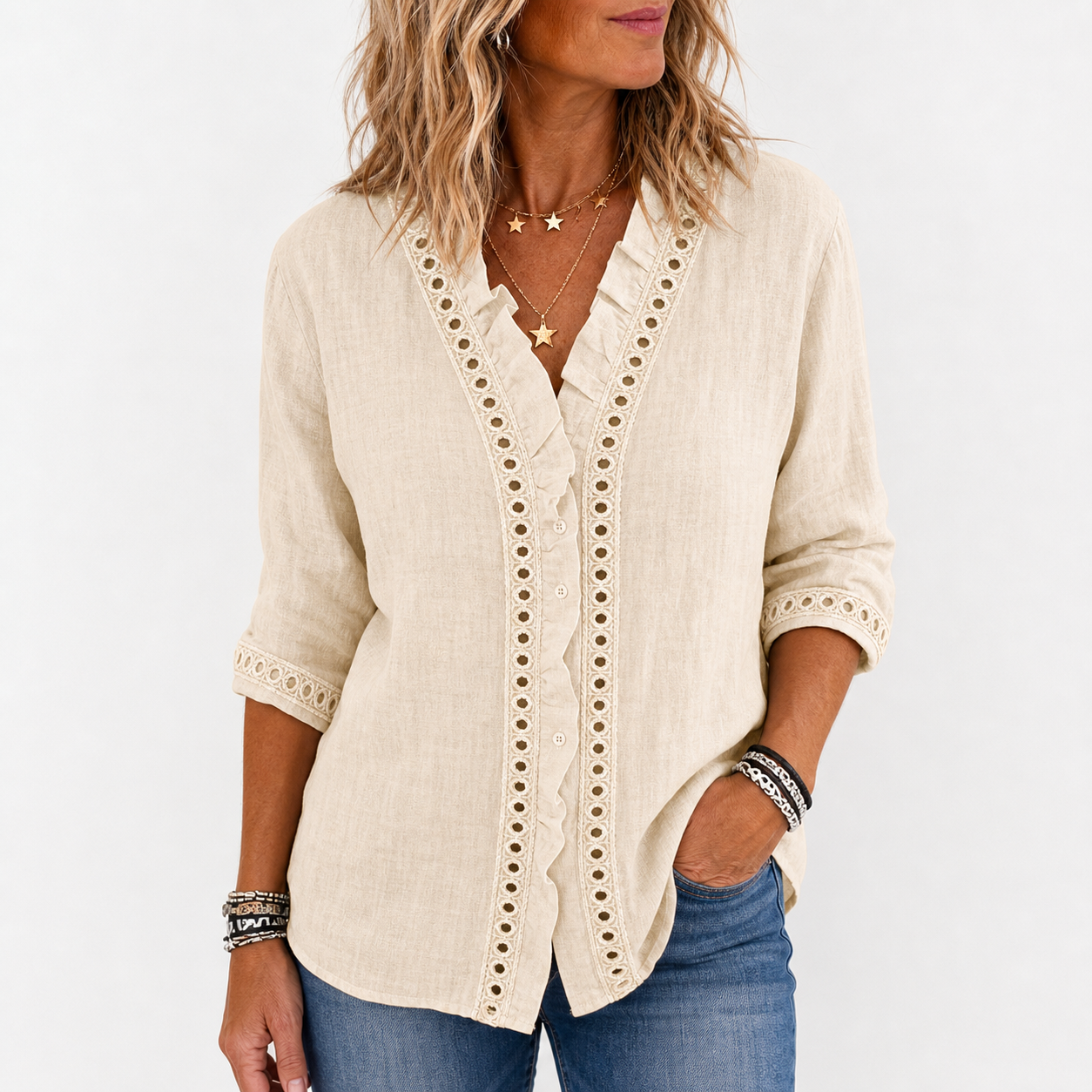 Beige women's linen lace ruffle V-neck blouse