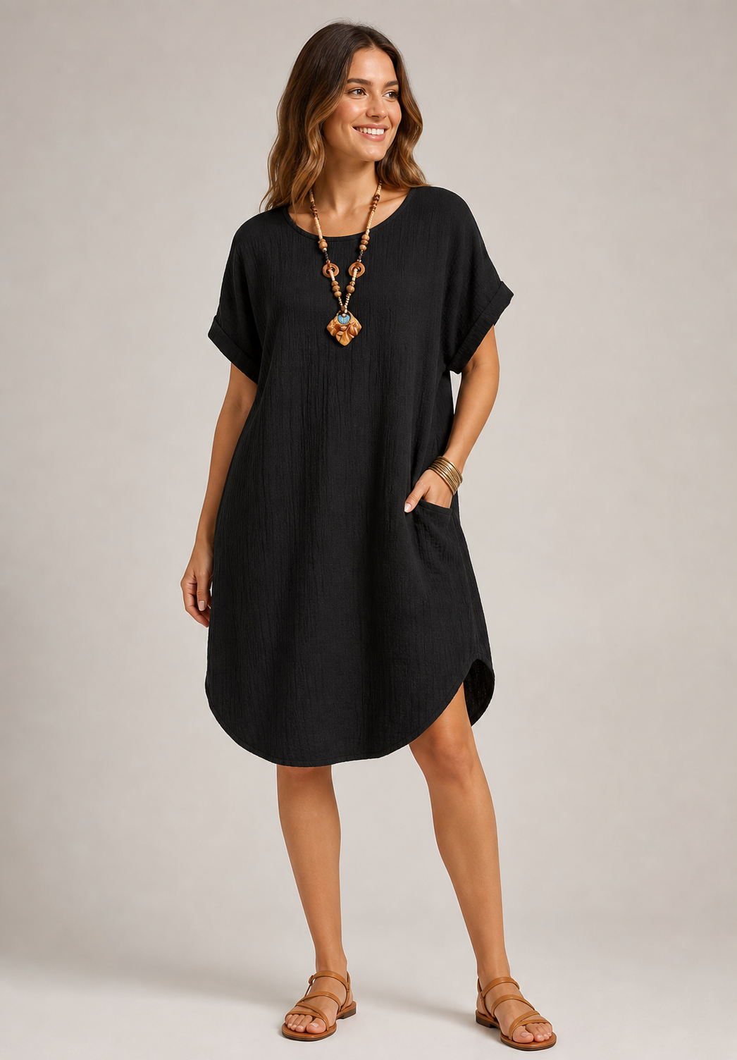 Black women's loose cotton linen shift dress