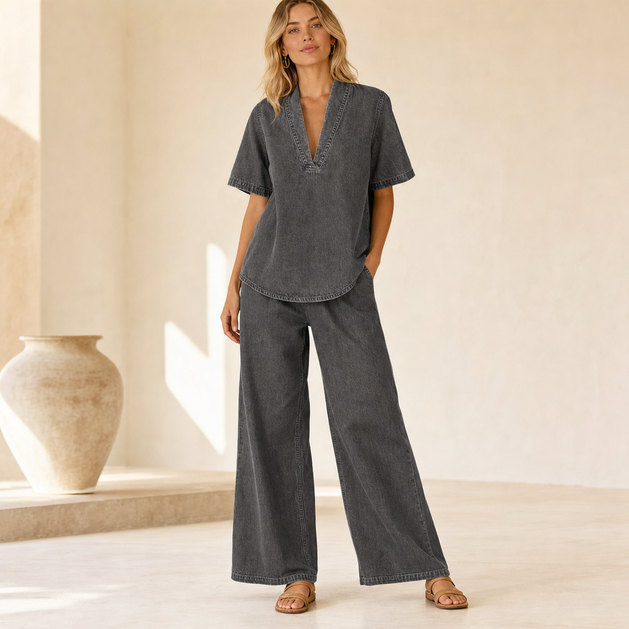 Charcoal Denim women's denim V-neck wide-leg two-piece set
