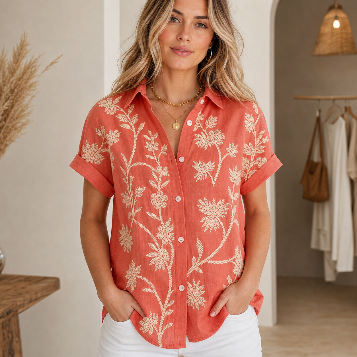 Coral women's embroidered floral button shirt